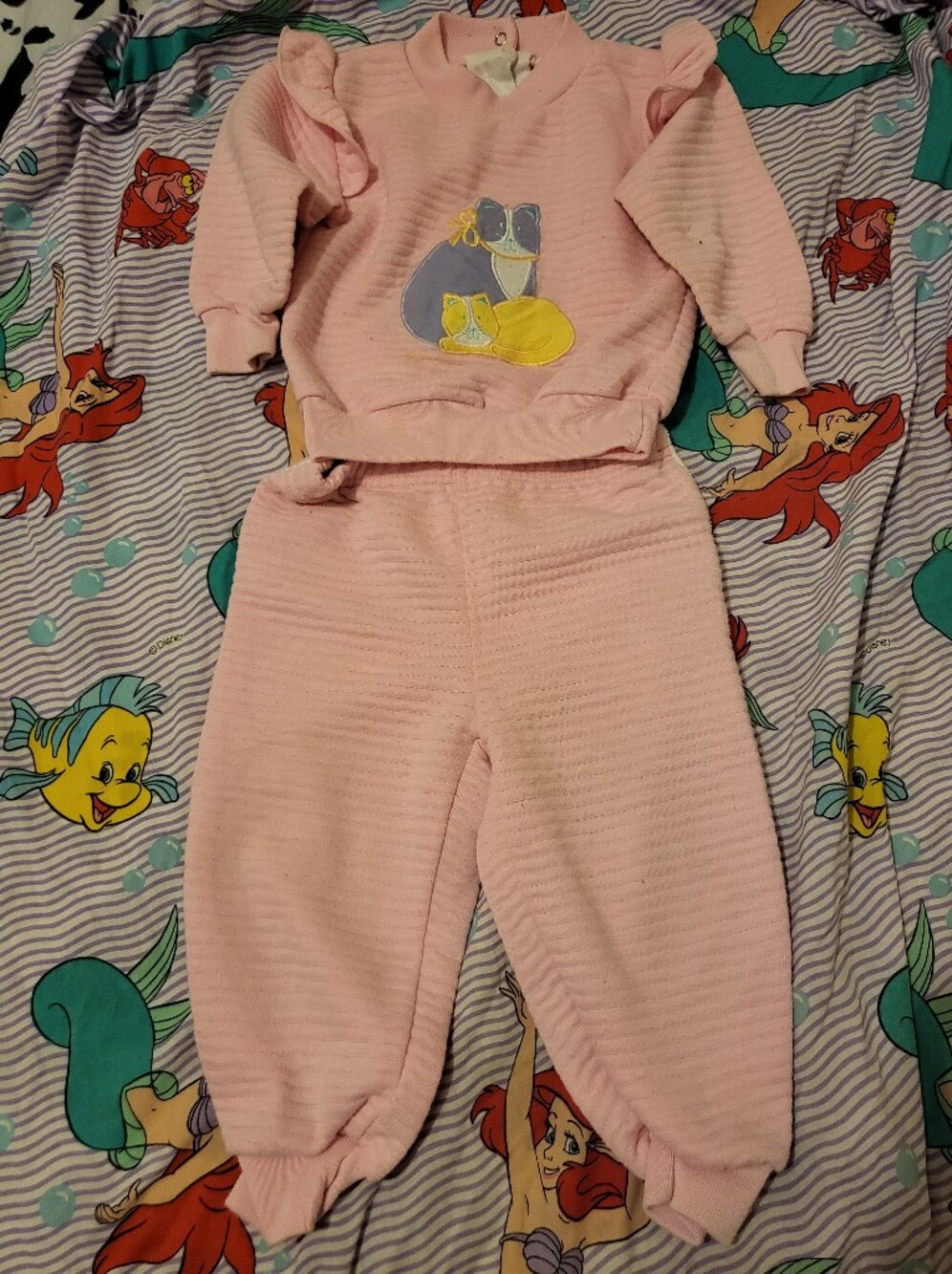 Vintage Sears Infant 2 Piece Embroidery Cat Outfit 24M Pink